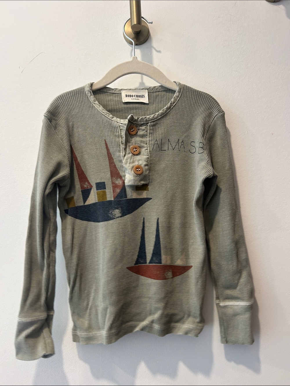 Bobo Choses Olive Green Long-Sleeve Henley with Boat Prints
